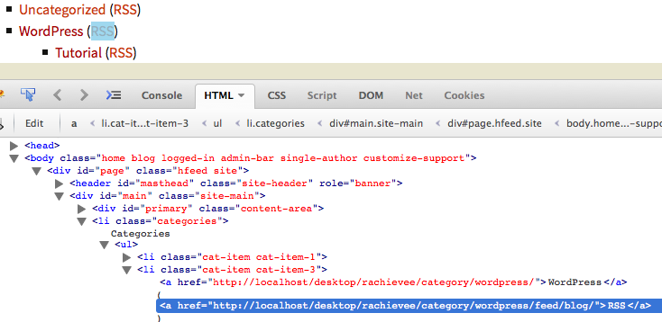 From setting feed to "RSS" and feed_type to "blog", you get the (RSS) link at the end of each category and the "blog" at the end of the urls