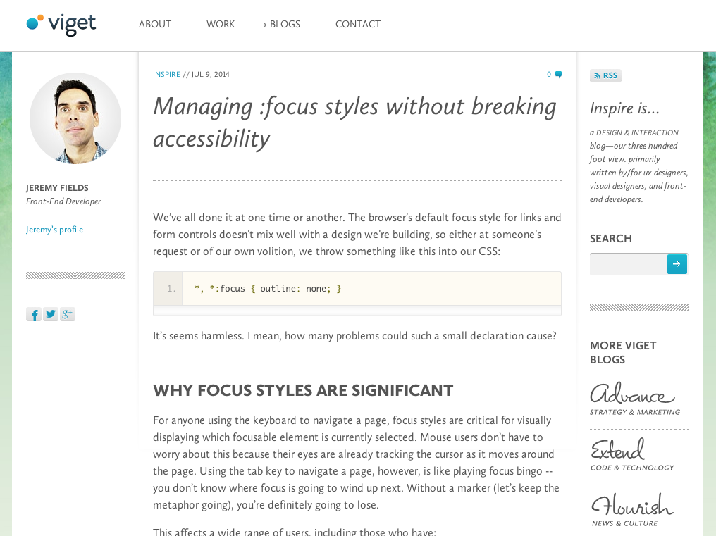 Screenshot of Jeremy Field's post on using focus styles