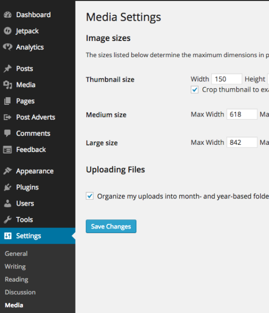 WordPress' default media settings.